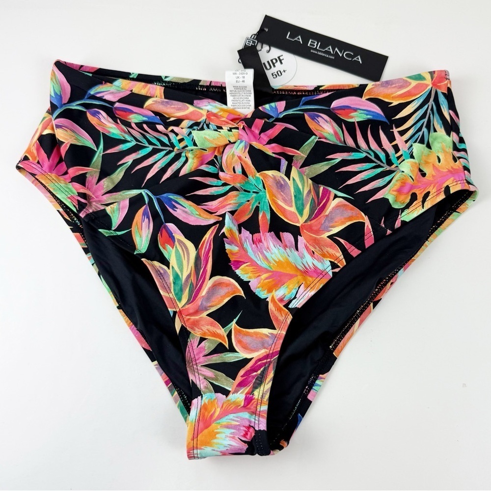 La Blanca Bikini Bottom Womens 14 Black Multi Floral Mid Waist Twist Front NWT